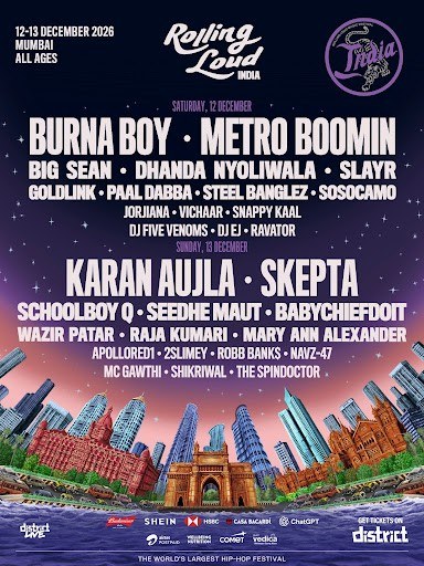 Rolling Loud India 2026 festival poster listing the line-up
