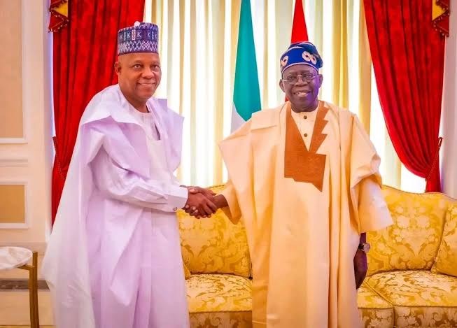 Two officials shake hands in front of Nigerian flags at the Presidential Villa